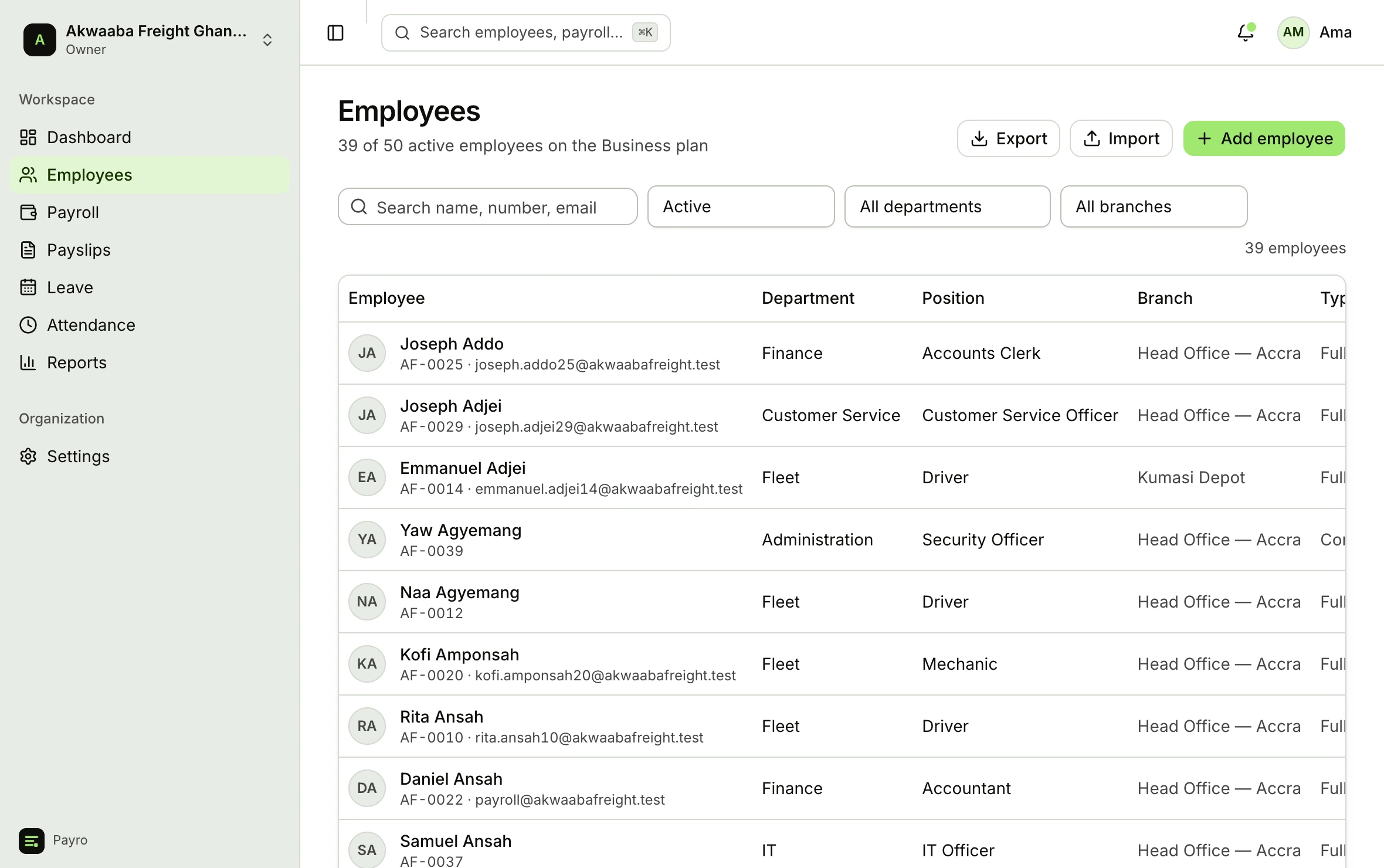 The Payro employee list, showing staff by department, position and status.